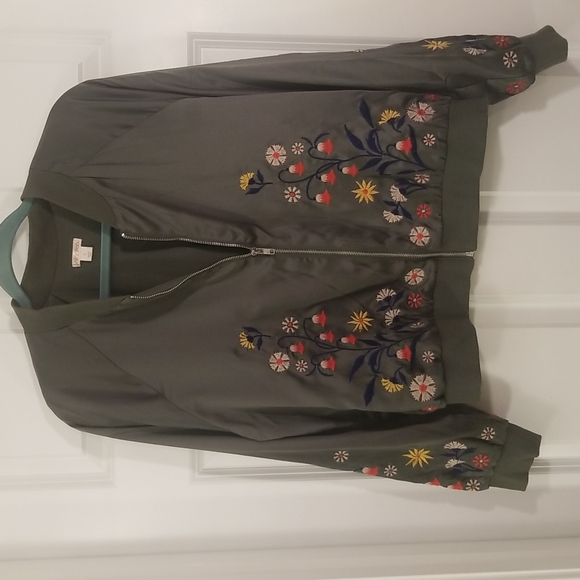 Xhilaration Army green silk look bobmber jacket with embroidery